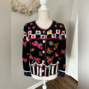 Michael Simon Butterfly Bugs Colorful Pop Art Knit Cardigan Sweater S-M Women